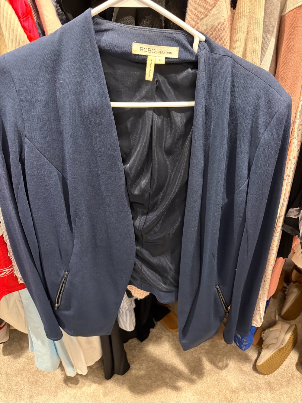 BCBGeneration Navy Open-Front Draped Blazer with Zip Pockets